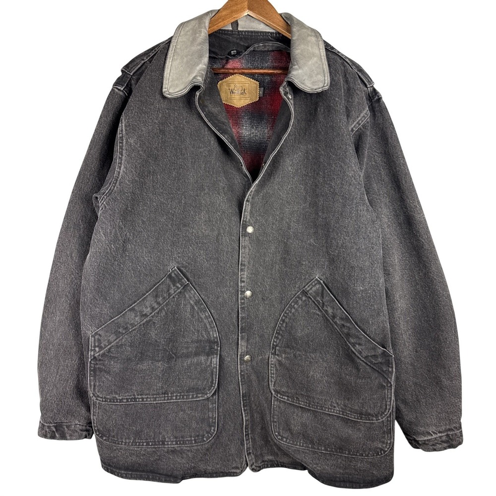 Vintage Woolrich Jacket Men Large Denim Black Coat Chore Barn Wool Blanketed 90s